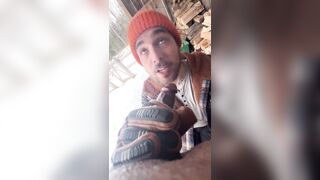 Blowjobs in the backyard! Large Penis Trans Beauty Vanniall Seduces Wood Hauler For Outdoor Oral-job & Hard Anal Pounding