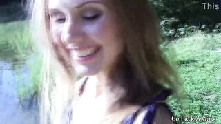 Amateur sex with glamorous golden-haired gal in wood by the lake