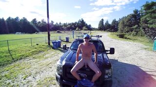Playing with shlong on truck hood