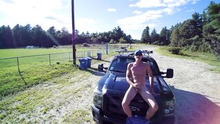 Playing with shlong on truck hood