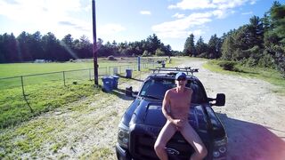 Playing with shlong on truck hood