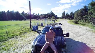 Playing with shlong on truck hood