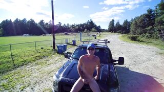 Playing with shlong on truck hood