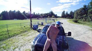 Playing with shlong on truck hood