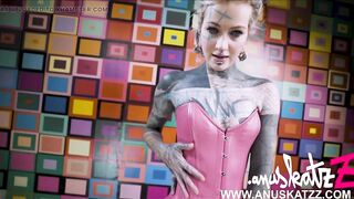 Intensive Solo Anal Play in Pink Lace Corset with Iron Toy