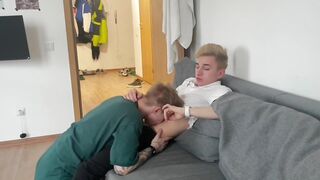 Tempted my cute ally with a large penis for a oral job and made him cum