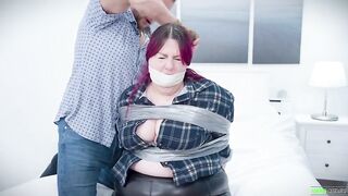 Pink haired big beautiful woman fastened up and gagged by her boyfriend not being able to escape it and wrap gagged EP 1