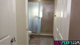 Showering tiny teen step sister calls step brother inside to aid and rail her