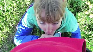 Risky outdoor blow job and cum in throat in the park. Amateur pair. Pov