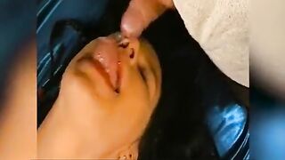 Brunette hair Floozy Gets Her Face Overspread in Cum