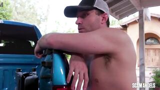 Tiny Latin chick and Oriental Women Team Up to Blow 2 Fortunate Boys Outdoors on a Truck Daybed
