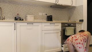 Super hawt beauty in no pants in a fully watch throughout transparent costume in the kitchen to flash snatch