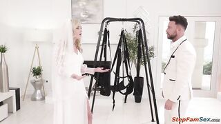 Bride Lexi Lore is shocked that her broinlaw gave her a sex swing.This babe sees hes sad about her reaction and will try it out.The blond lets him screw her