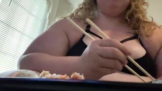 Obese slut eats sushi