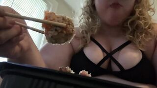 Obese slut eats sushi