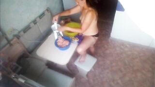 Spying in nature's garb mother in the kitchen turns the meat - MyNakedStepmother