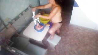 Spying in nature's garb mother in the kitchen turns the meat - MyNakedStepmother