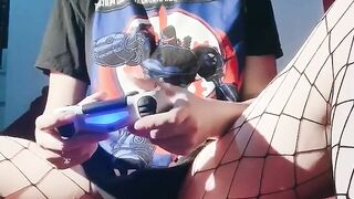 Gamer Gal Masturbates In Fishnets While Playing Spider-Guy