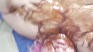 big beautiful woman gets Obscene Chocolate Syrup WAM