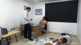 Immoral Redhead Teacher Bangs 2 Fortunate Students In Wild Schoolroom Trio