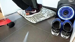 Boy shoeplay and stomping stuff at home in Nikes, Vans, blue stiped socks