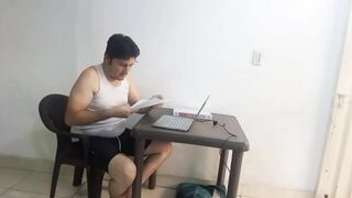 Colombian stepbrother studies on laptop during the time that Venezuelan stepsister gives him a head, scoops out his milk and swallows it