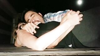 Nursing on a Public Pier at Night - Button cums 2x from teat stimulation
