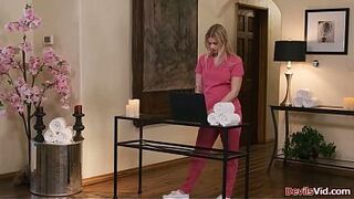 Masseuse Sky Wonderland denied the clients plead for cancellation.The large boobs golden-haired gives him a nuru massage service where this babe lets him screw her.