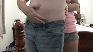 girlfriend gives quick tugjob from behind, priceless wang jerking off and jizz flow