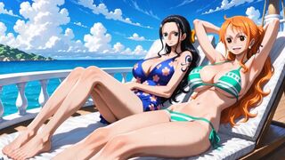 One Piece - Nico Robin eating Nami's twat and booty then fingering her