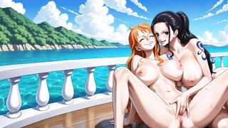 One Piece - Nico Robin eating Nami's twat and booty then fingering her