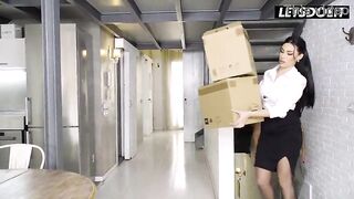 Package Delivery Drives Breasty Darksome Haired mother I'd like to fuck to Solo Vibrator Play in Nylons