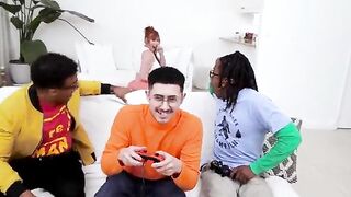 Nerd Plays COD During the time that HIs Stepmom Plays With His Ebony Ally's Large EBONY RODS!
