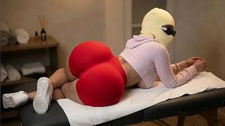 Tiny Large Butt Beauty Getting Unfathomable Booty Massage in Red Shorts