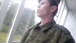 Russian soldier smokes, spits, and masturbates his ribald rod and cums on his army shoes