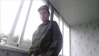 Russian soldier smokes, spits, and masturbates his ribald rod and cums on his army shoes