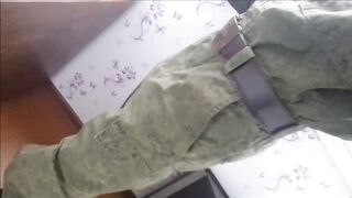 Russian soldier smokes, spits, and masturbates his ribald rod and cums on his army shoes