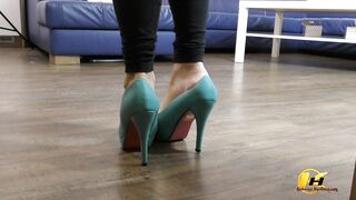 In blue high heels shoe play and next feet job with red sextoy
