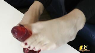 In blue high heels shoe play and next feet job with red sextoy