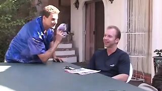 Concupiscent ebony haired hotty sucks and bangs four studs by the pool