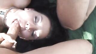 Concupiscent ebony haired hotty sucks and bangs four studs by the pool