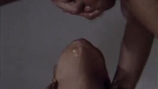 Seductive golden-haired gets her face showered with warm cum