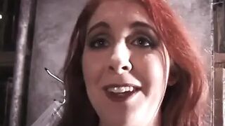 Charming babe slaps thrall dude's booty and makes him suck her bazookas on the floor