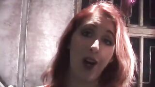 Charming babe slaps thrall dude's booty and makes him suck her bazookas on the floor