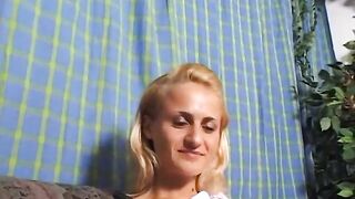 Golden-haired teen at casting showing her tiny bazookas