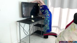 Stepmom gets stuck in a desk and stepson bangs her