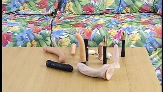 Chunky mother I'd like to fuck groans as this babe thrusts her hairless twat with a massive sex toy