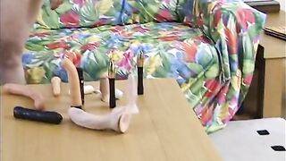 Chunky mother I'd like to fuck groans as this babe thrusts her hairless twat with a massive sex toy