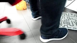 Boy Shoeplay with beach ball in Underneath Armor, Vans Slide Ons, Ebony Socks