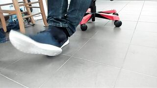 Boy Shoeplay with beach ball in Underneath Armor, Vans Slide Ons, Ebony Socks